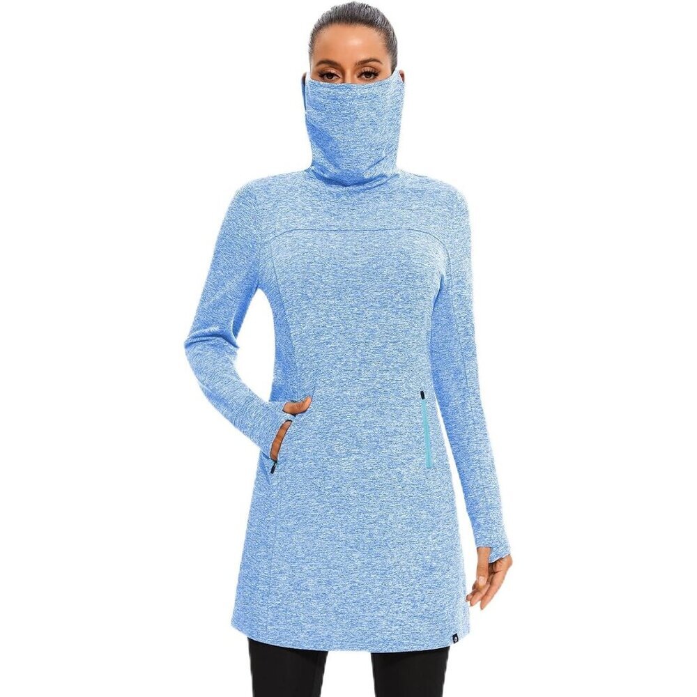 Women's Fleece Dress Running Sweatshirt Dress with Thumb Holes Pocket Light Blue
